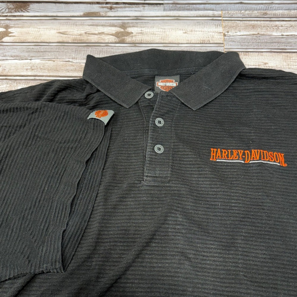 Harley Davidson Polo Shirt Mens 2X Black Ribbed Embroidered Short Sleeve Biker